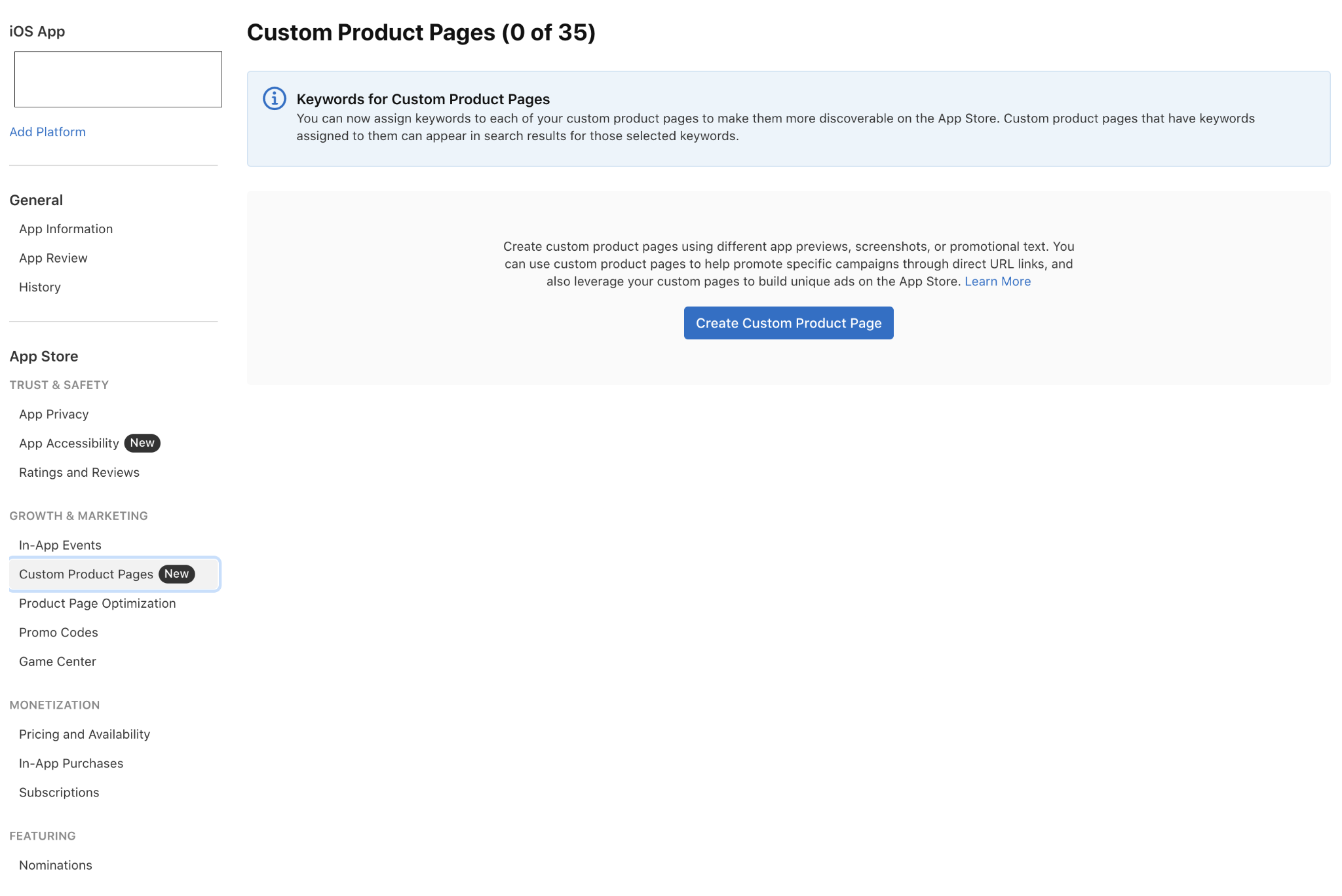 Keywords for Custom Product Pages in App Store Connect are now available